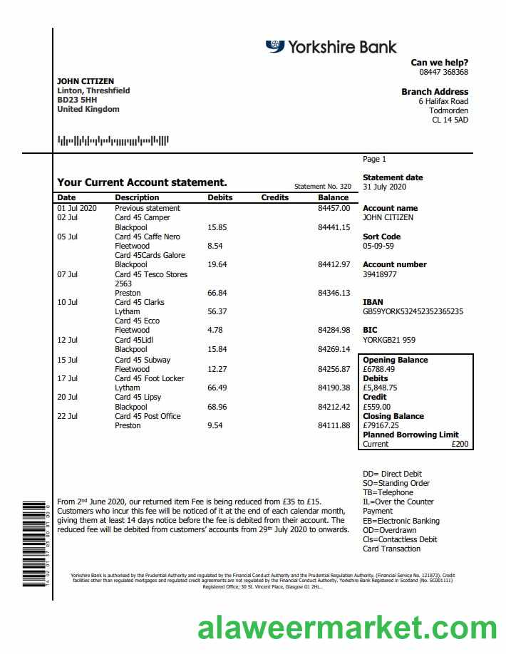 United Kingdom Yorkshire Bank statement template in Word and PDF format, good for address prove
